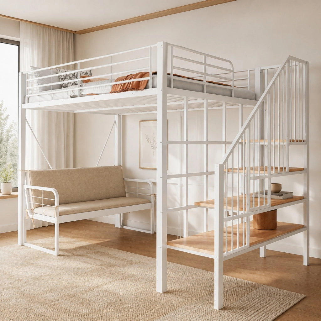 LETTO A CASTELLO 140x200 cm in metallo e MDF bianco con scala contenitore