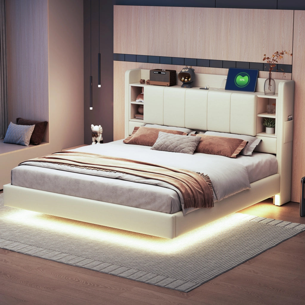 DESMIU Letto contenitore 160 × 200 cm 2 posti con LED, USB, ripiani e vani, senza materasso, beige