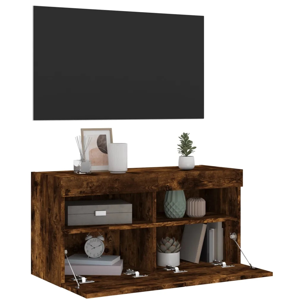Mobile TV a Parete | Armadietto TV | Mobile Porta TV con Luci LED Rovere Fumo 80x30x40 cm