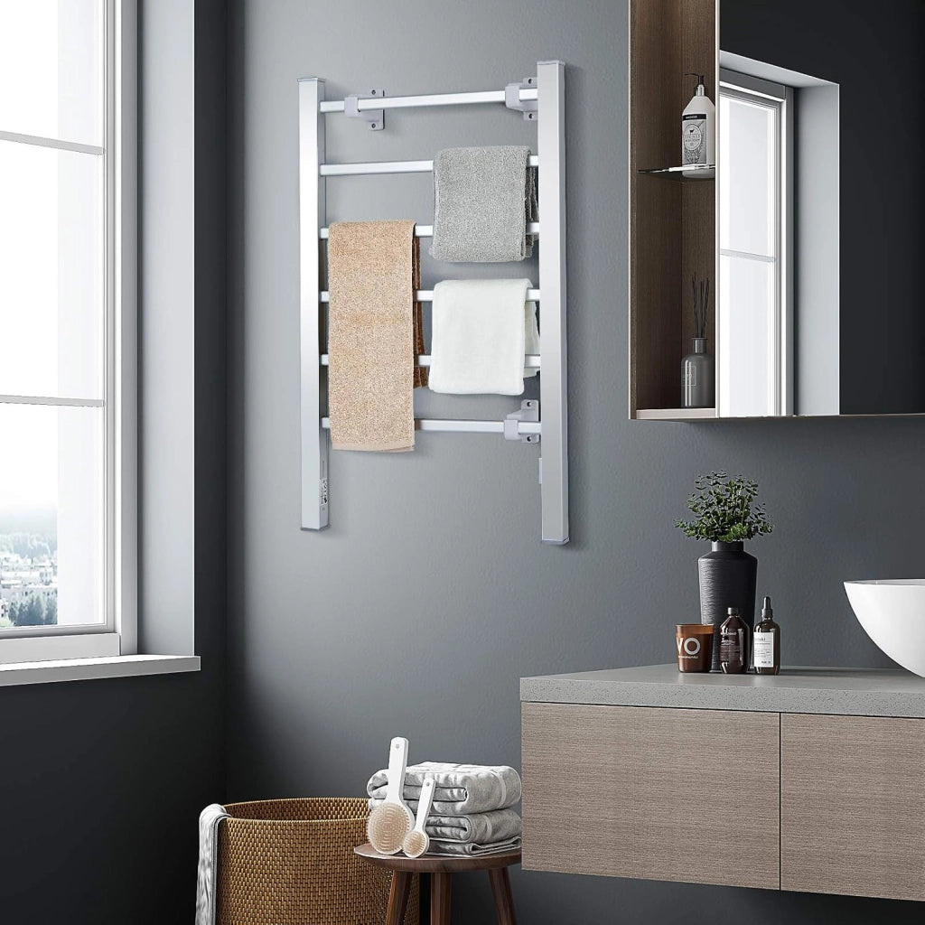 Portasciugamani Multifunzionale Elettrico 2 in 1, Portasciugamani Elettrico per Vestiti e Asciugamani 100 W, con 6 Sbarre, Struttura in Alluminio, Portasciugamani per Bagno, Argento