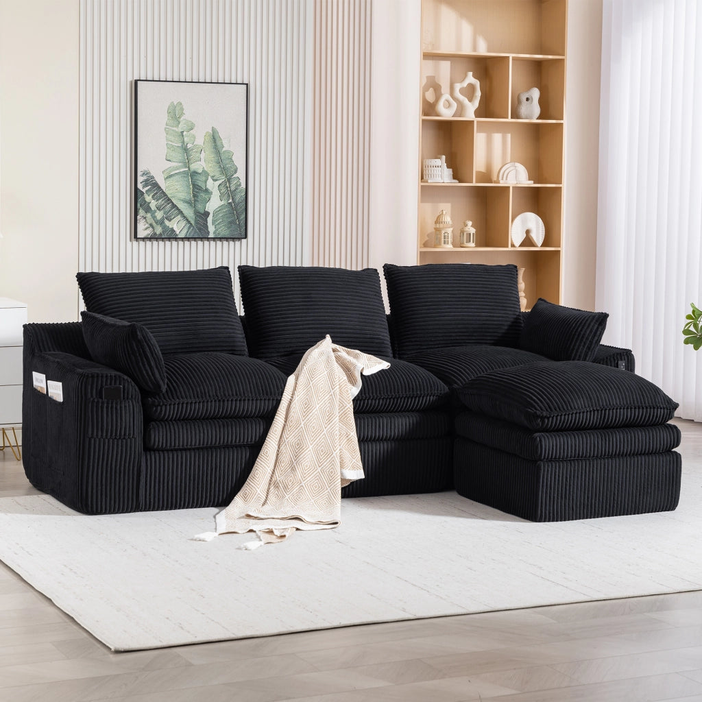 Divano 3 Posti con Poggiapiedi e Cuscini in Tessuto ¨C MINIMAL ¨C Nero
