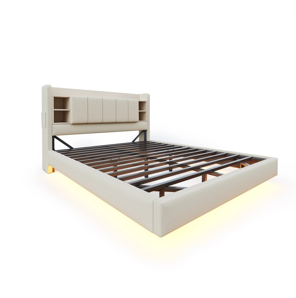 Letto imbottito 140x200 cm con LED e USB; testiera con vani e ripiani; tessuto beige