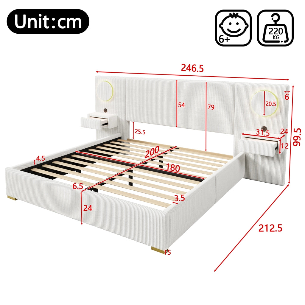 Letto matrimoniale imbottito 180 × 200 cm in velluto beige con testiera LED USB e comodini con cassetti