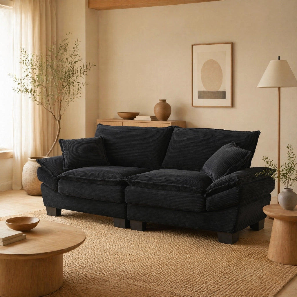 Divano a 2 posti in velluto nero 224 x 81 x 81 cm con braccioli e cuscini