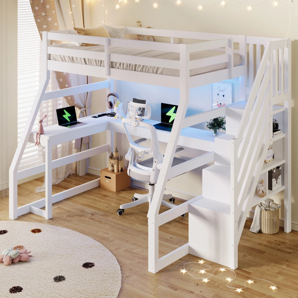 Letto a soppalco 90x200 con scrivania; bianco; scala contenitore e luci LED
