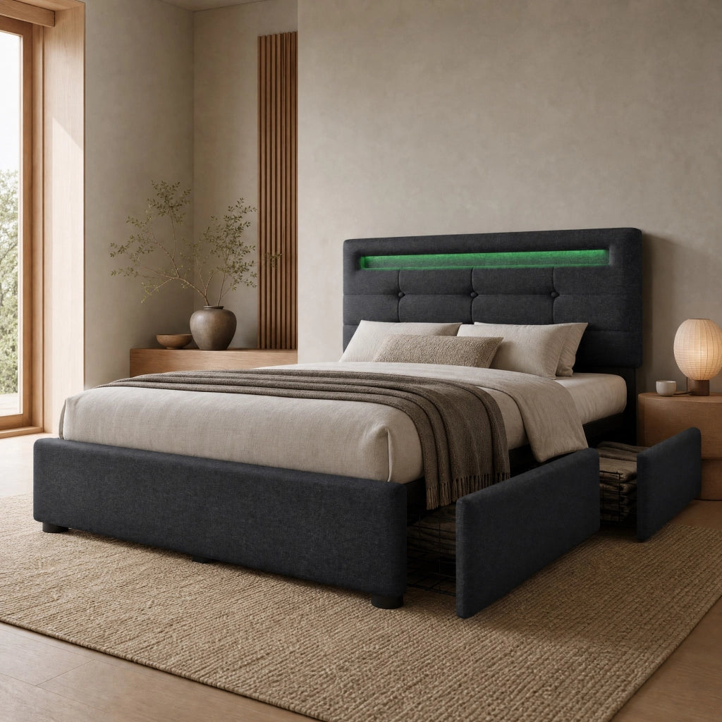 Letto singolo imbottito 90x200 cm con LED e 2 cassetti
