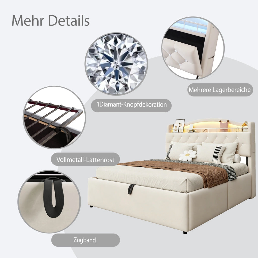 Letto matrimoniale 180 × 200 cm con contenitore idraulico in velluto beige LED USB e USB-C