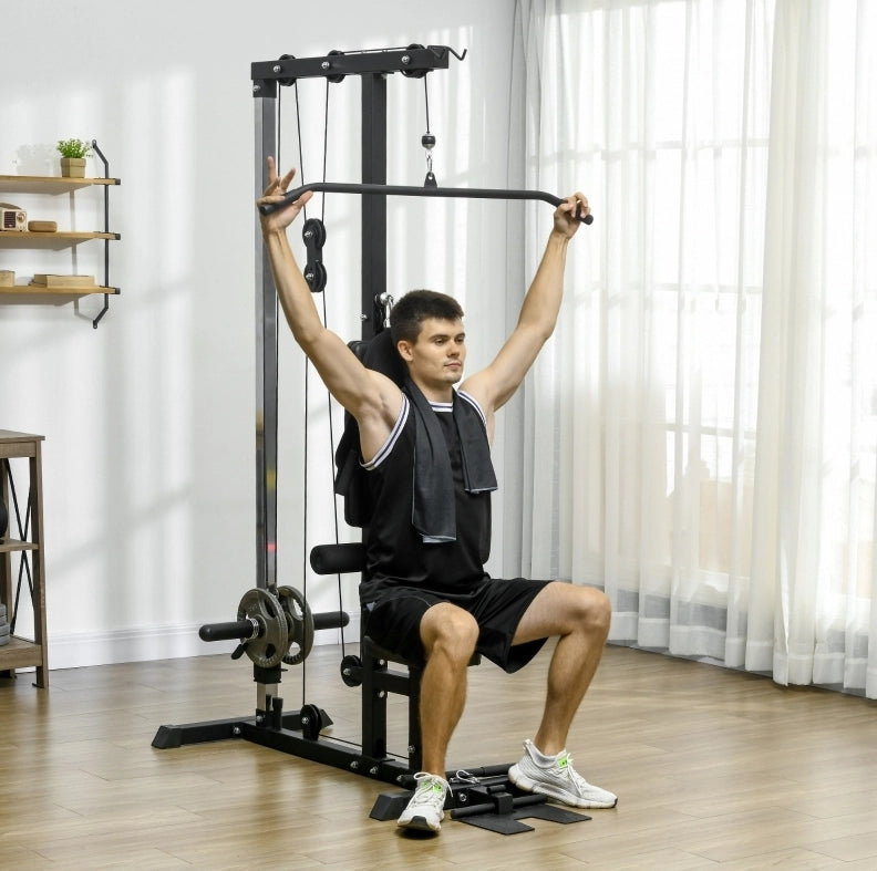 Stazione fitness ULEVR 140x108x197 cm con lat machine, vogatore e sedile regolabile, acciaio nero