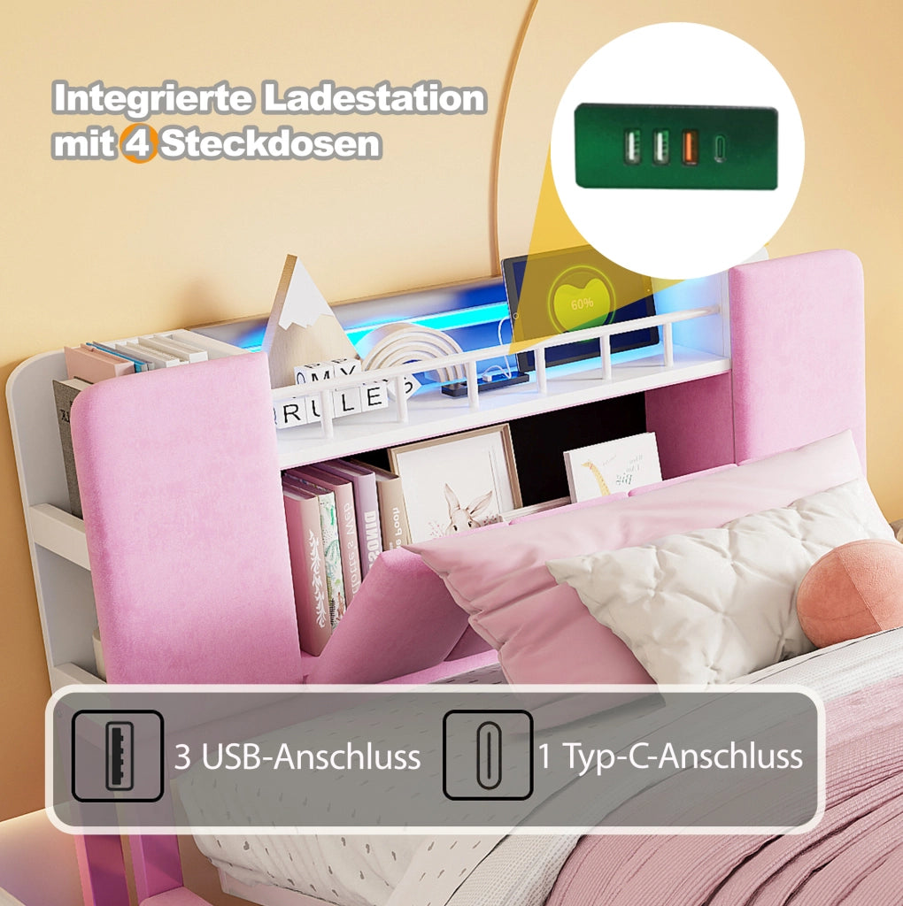 Letto imbottito per bambini 90x200 cm con LED, USB e contenitore idraulico, velluto rosa