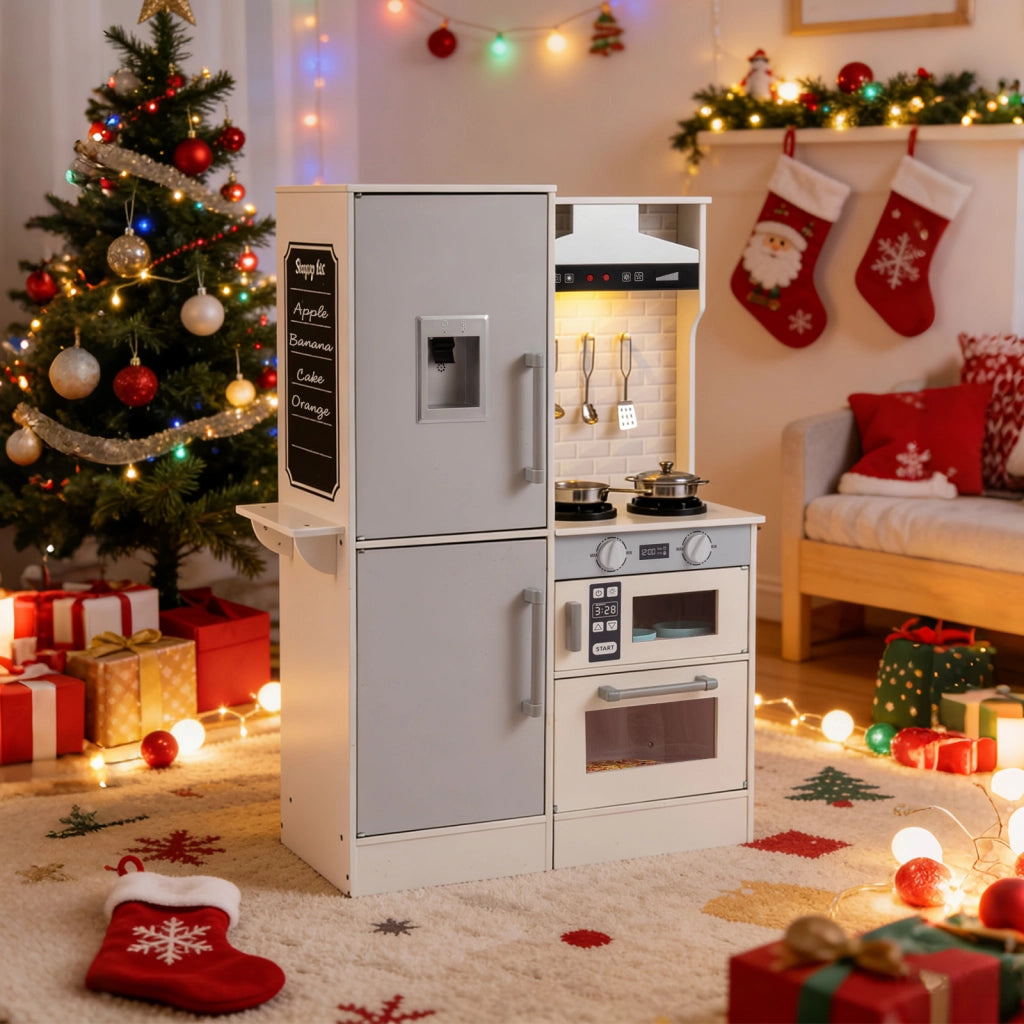 Cucina giocattolo bambini bifacciale legno acqua cappa microonde utensili, Cucina giocattolo luci suoni imitazione bambini 3+ anni Bianco