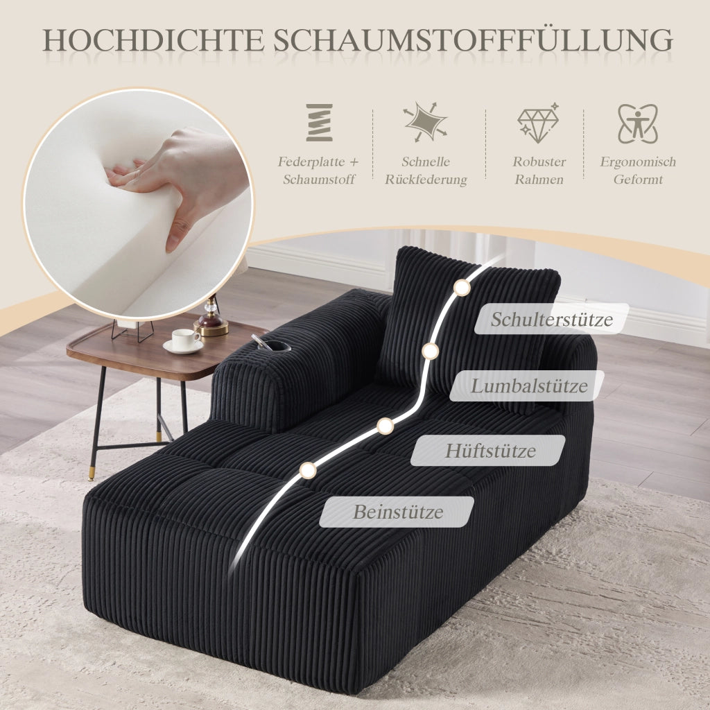 Divano compatto in velluto a coste nero con tasche laterali e portabevande 158 × 93 × 61 cm