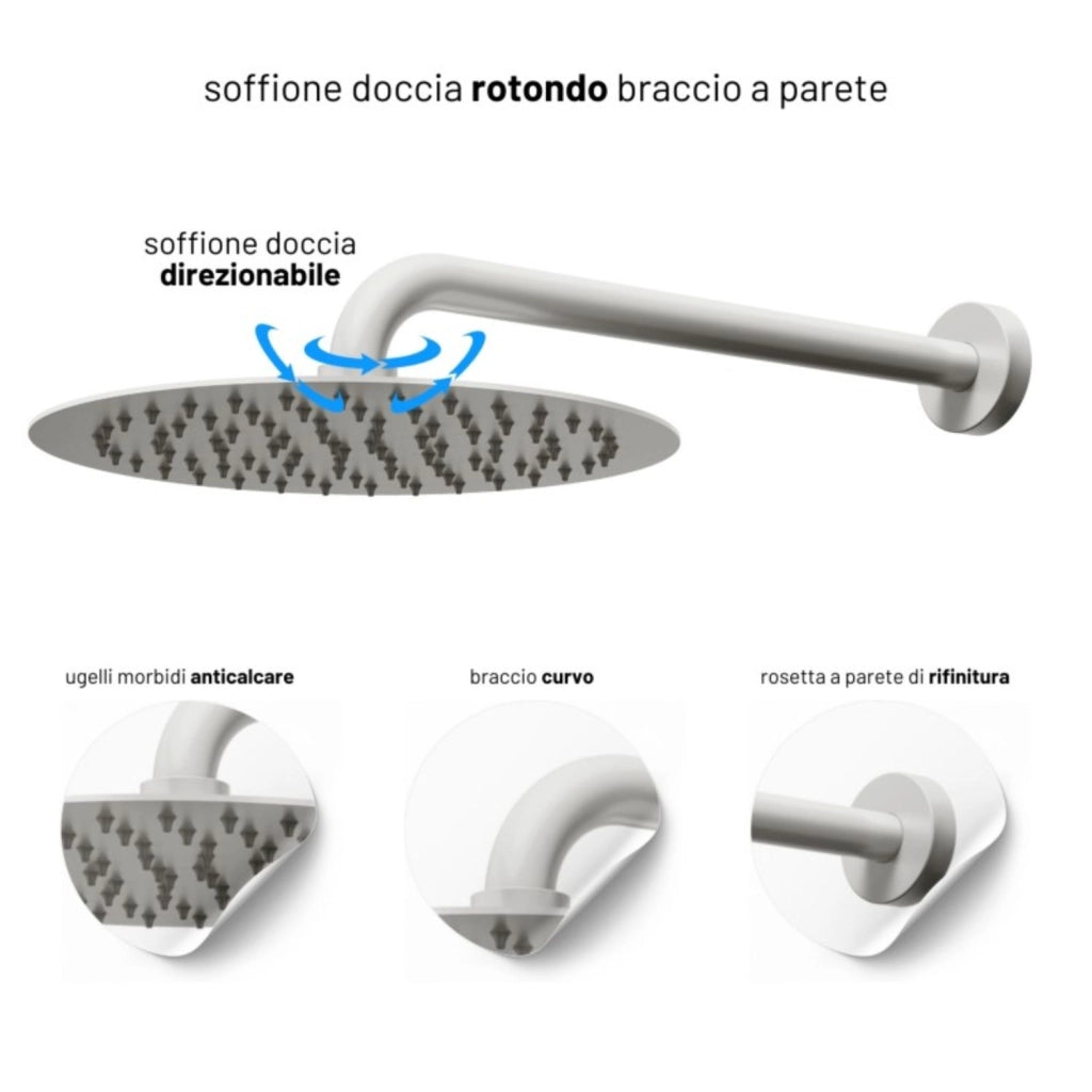 Set per doccia soffione tondo in acciaio inox 250 millimetri color bianco opaco *** finitura- bianco opaco tondo, con...