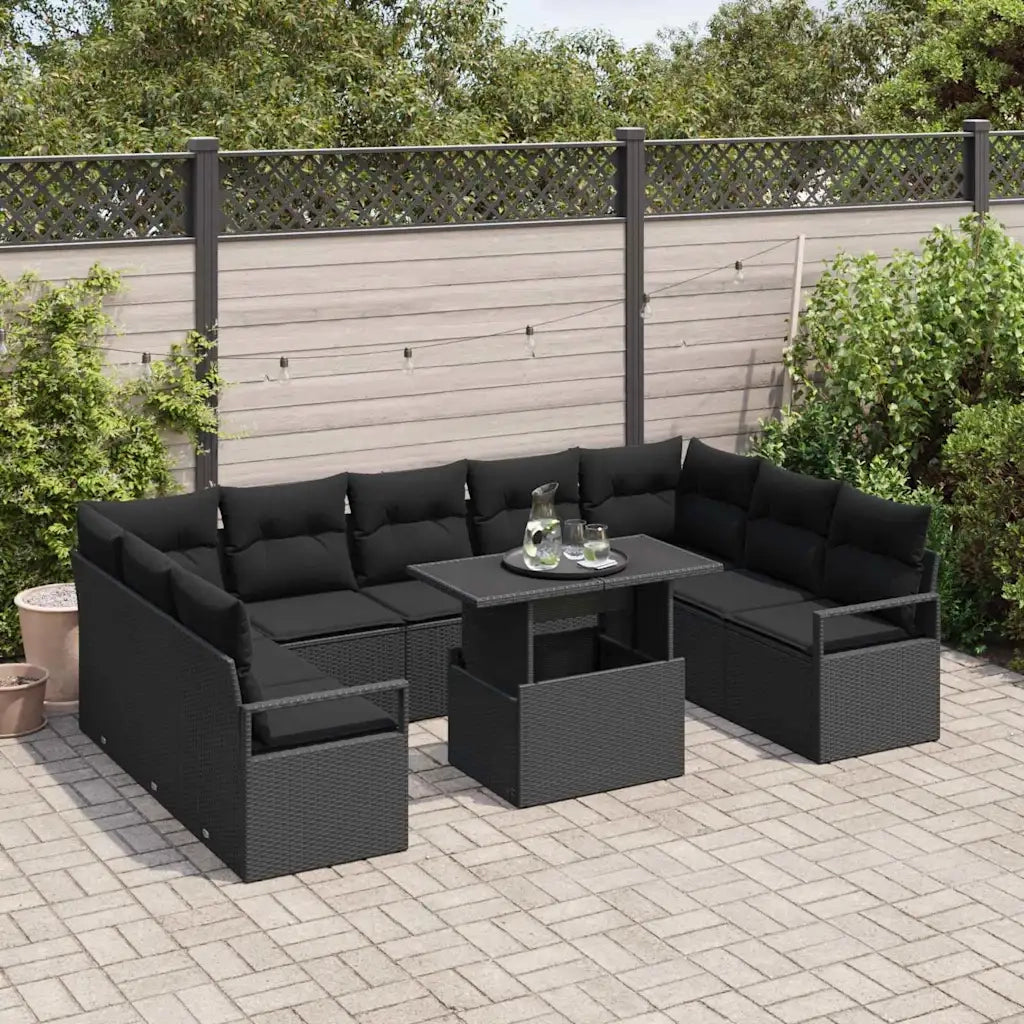 Set Divano da Giardino con cuscino 10 pcs Nero polyrattan