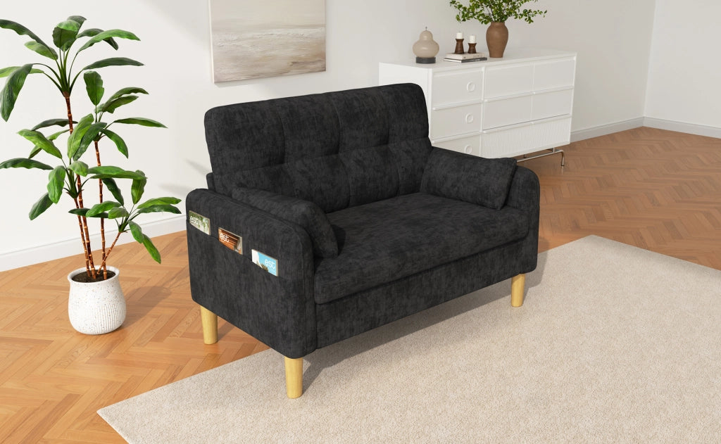 Sofa a 2 posti in chenille grigio con 2 cuscini e tasca laterale, 119 x 78 x 85 cm