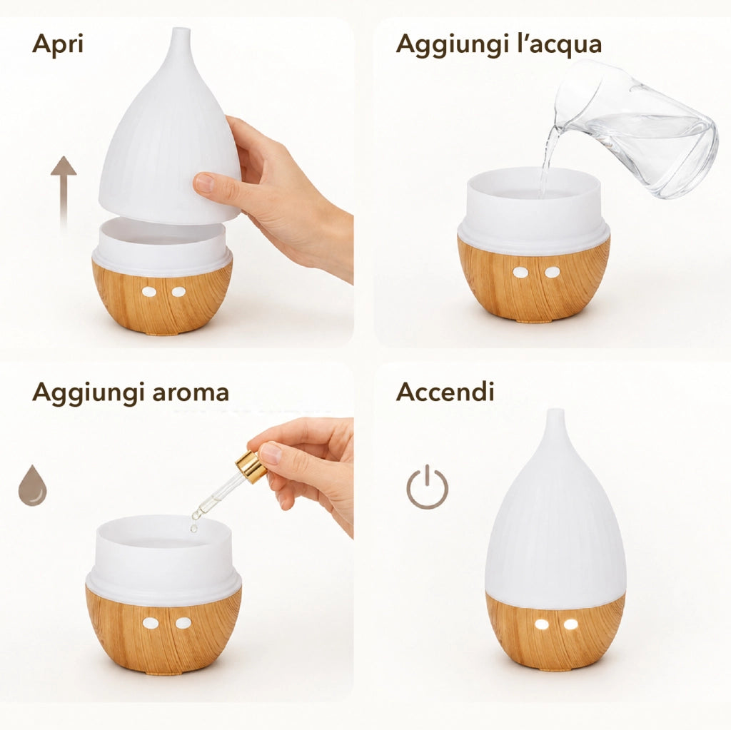 Diffusore di Aromi 130 ml con Luce LED 7 Colori, Umidificatore per Ambienti e Aromaterapia, Autonomia fino a 3 Ore, Design Effetto Legno, Alimentazione USB/240V