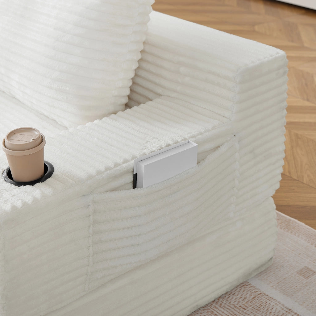 Divano letto 2 in 1 con portabevande e tasche laterali in velluto a coste beige