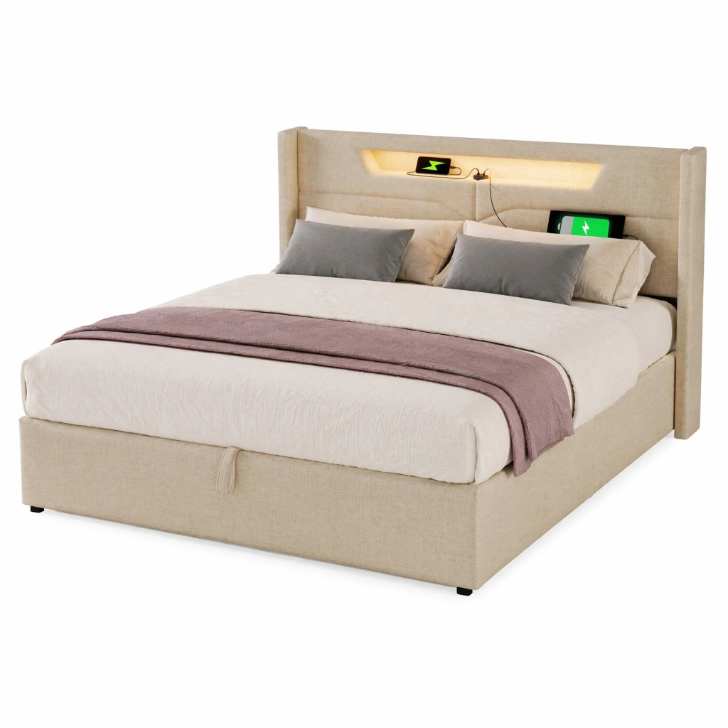Letto matrimoniale imbottito con LED, USB e spazio contenitivo