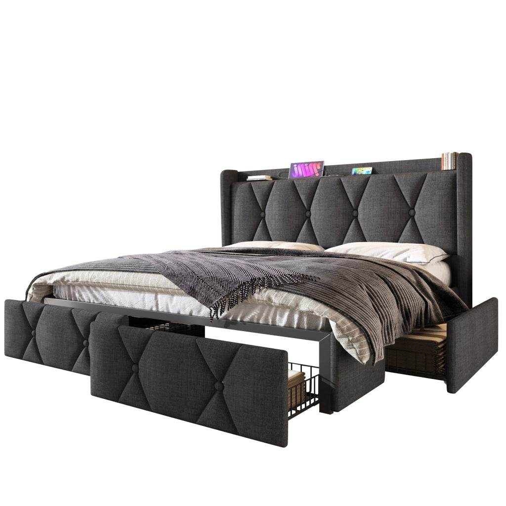 Letto imbottito USB 4 cassetti 160x200 doghe grigio