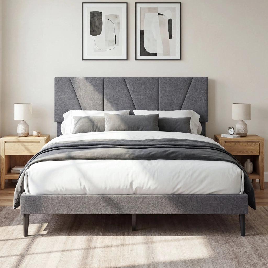 Struttura letto matrimoniale piattaforma silenziosa con testiera regolabile in altezza, Letto piattaforma rivestita in lino 140x200 cm Grigio scuro