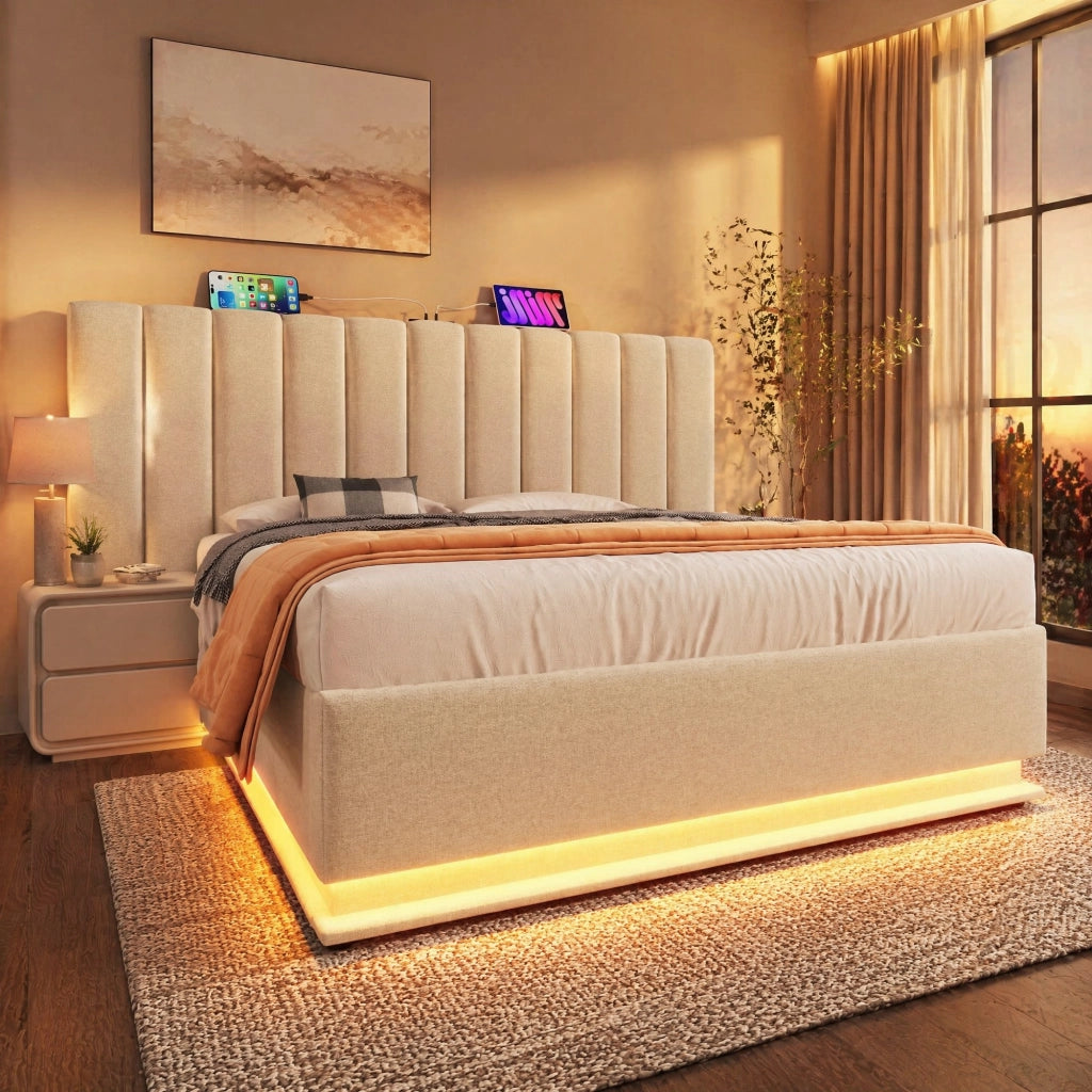 Letto Polster beige 180×200 cm con contenitore idraulico, illuminazione LED e ricarica USB-C, struttura con rete a doghe senza materasso