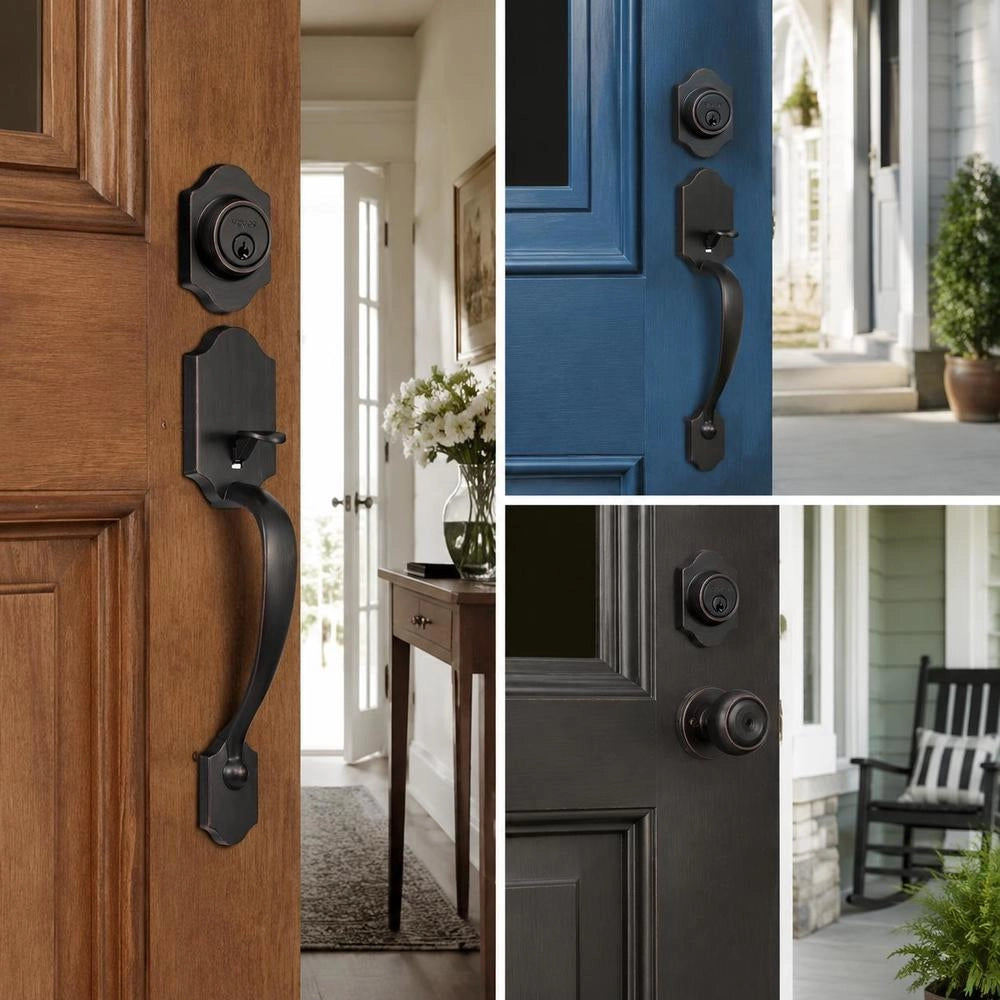 Front Door Handle And Bolt Set, Front Door Lock Set With Inside Knob, Adjustable Hole Spacing, Single Cylinder Handle Set, For Right- And Left-handed Entrance And Front Doors