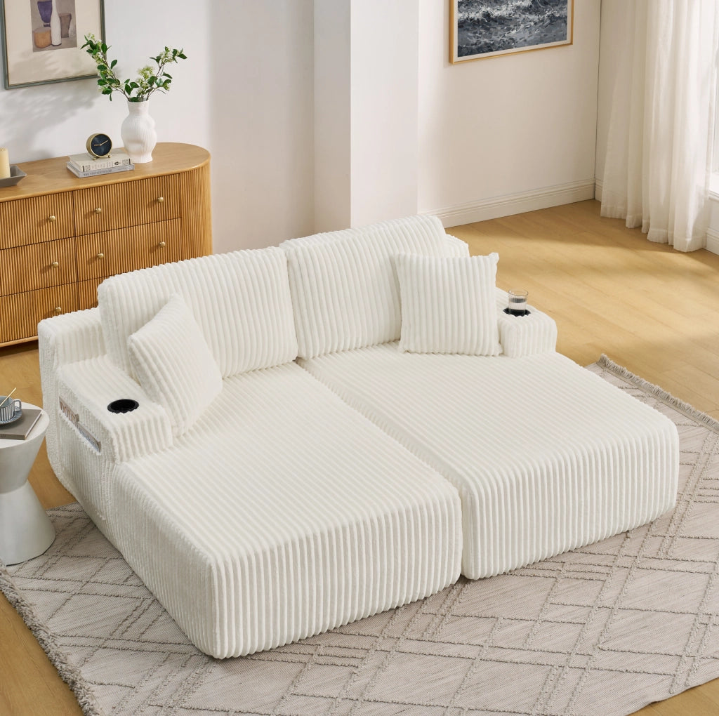Divano 2 posti multifunzione in tessuto a coste beige con portabicchieri e tasca laterale