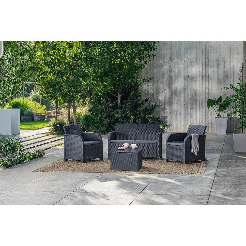 Set da Giardino Keter Rosalie effetto Vimini Divano Poltrone Tavolino Colore: Grafite