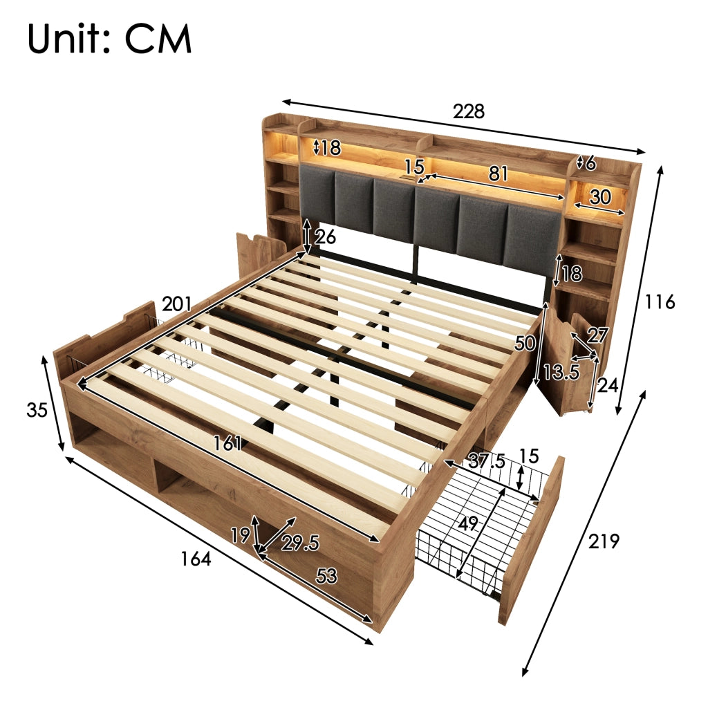 Letto matrimoniale 160×200 cm con LED; USB e Type-C; cassetti e ripiani; senza materasso; rovere