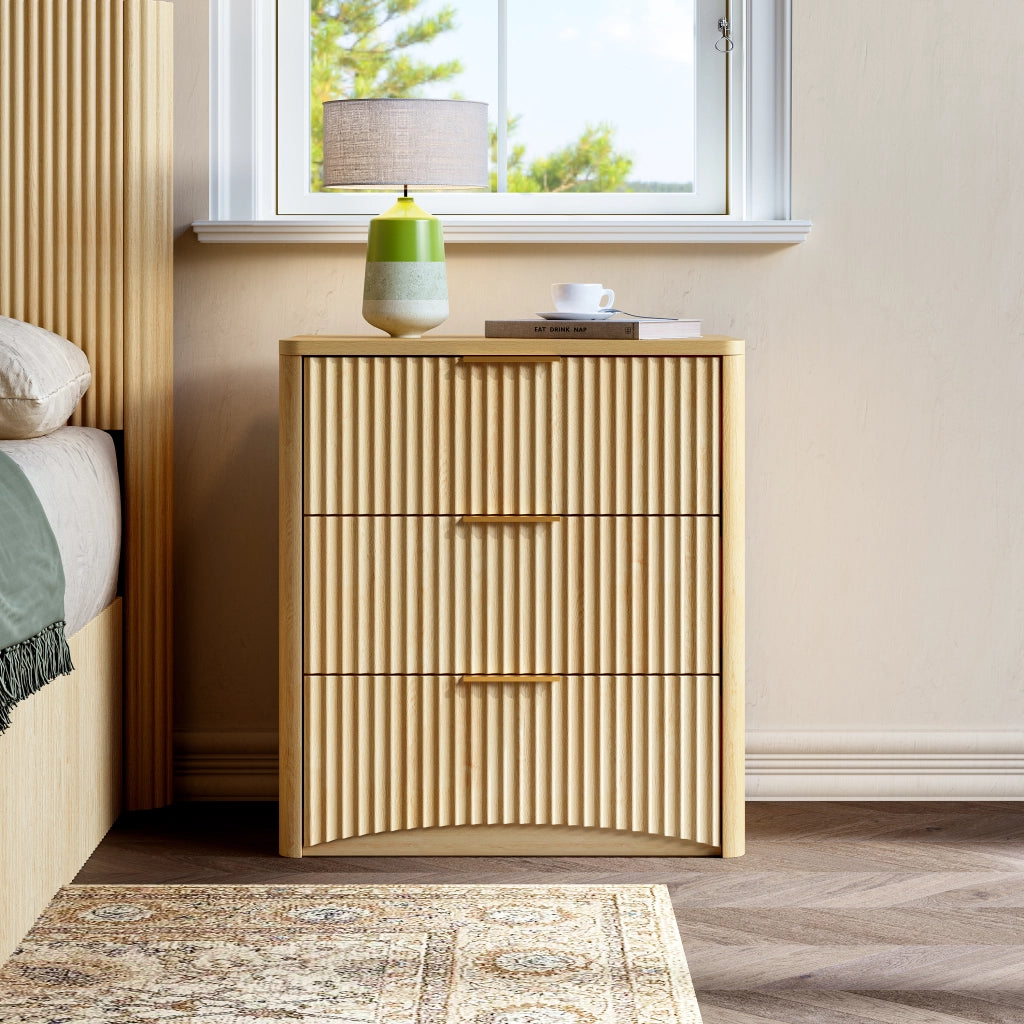 Comodino con 3 cassetti e guide ammortizzate per camera da letto; in MDF; rovere