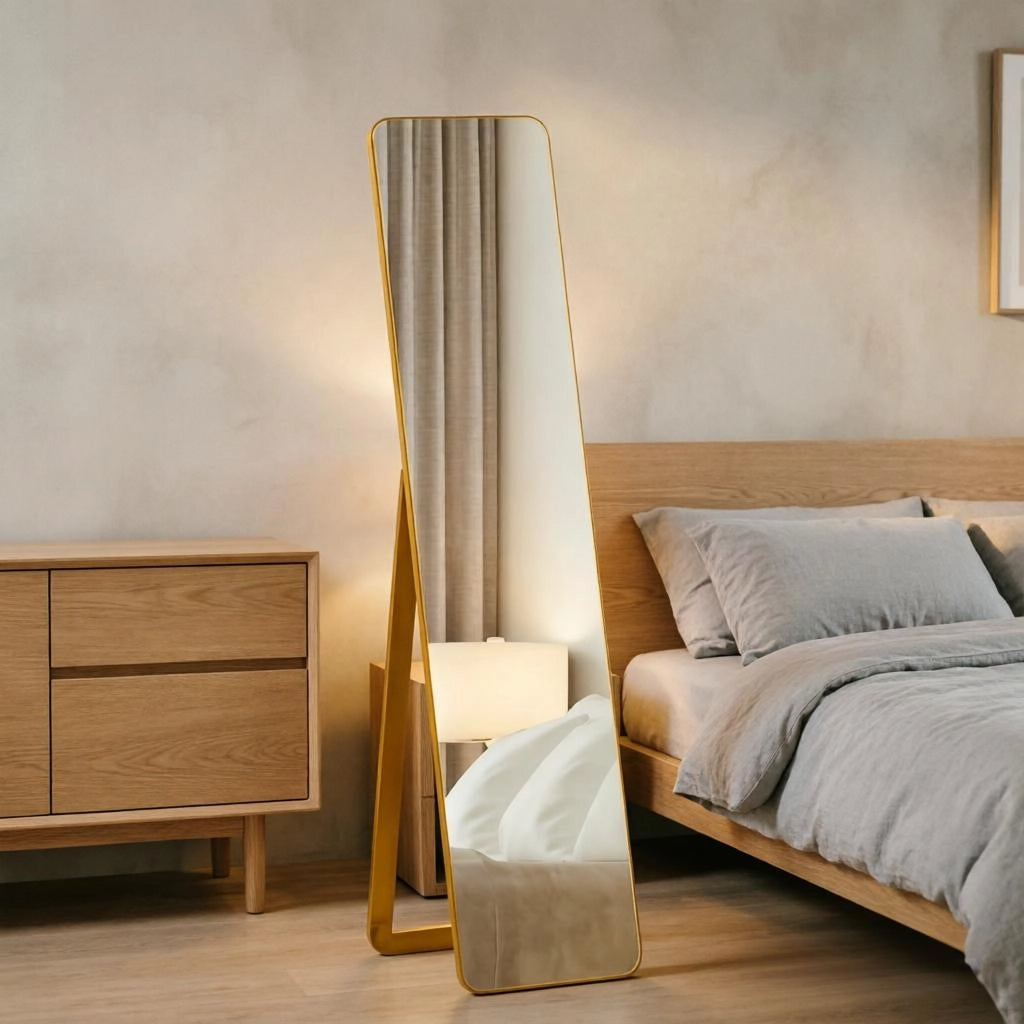 Specchio da terra rettangolare con supporto in legno e montaggio a parete; 37 × 43 × 156 cm