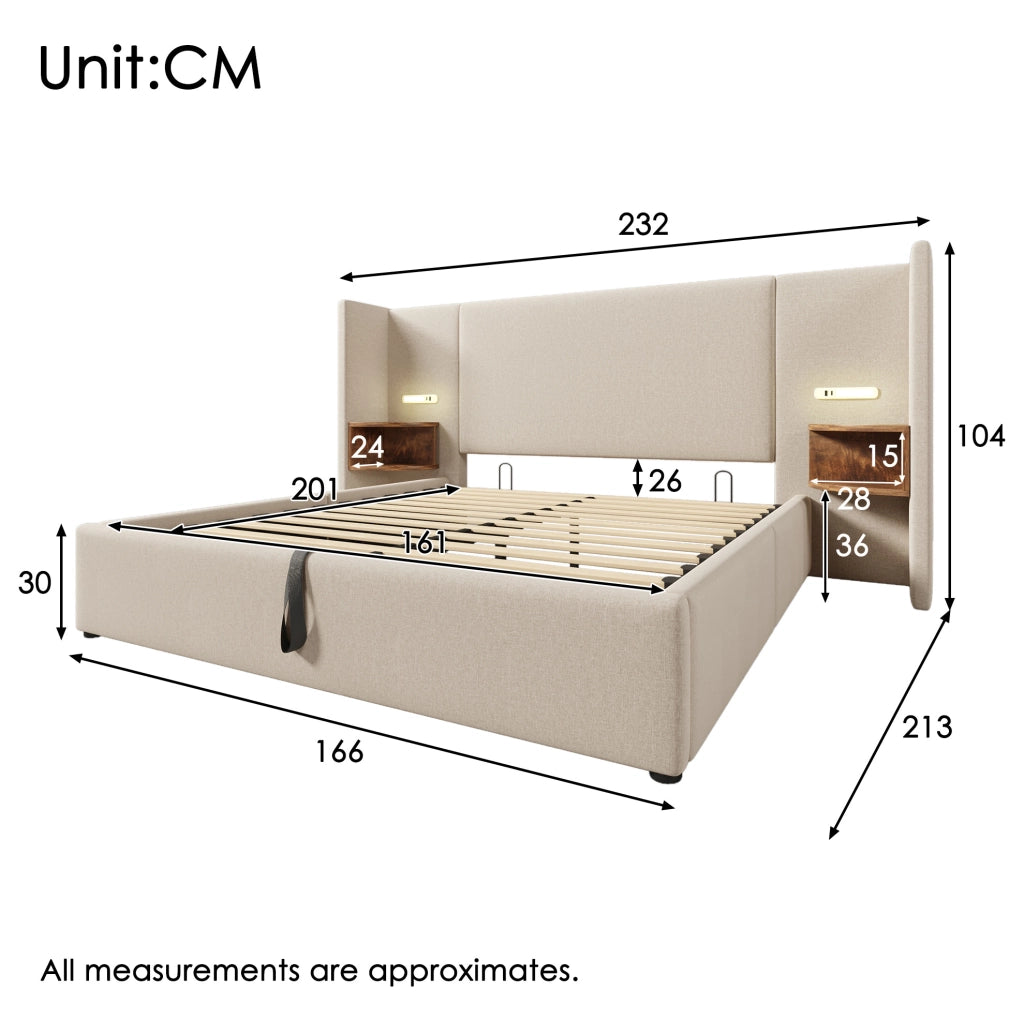 Letto matrimoniale imbottito 160x200 cm con contenitore, comodino integrato, lampada da lettura con funzione di ricarica USB Type-C, struttura in legno massello e metallo, beige