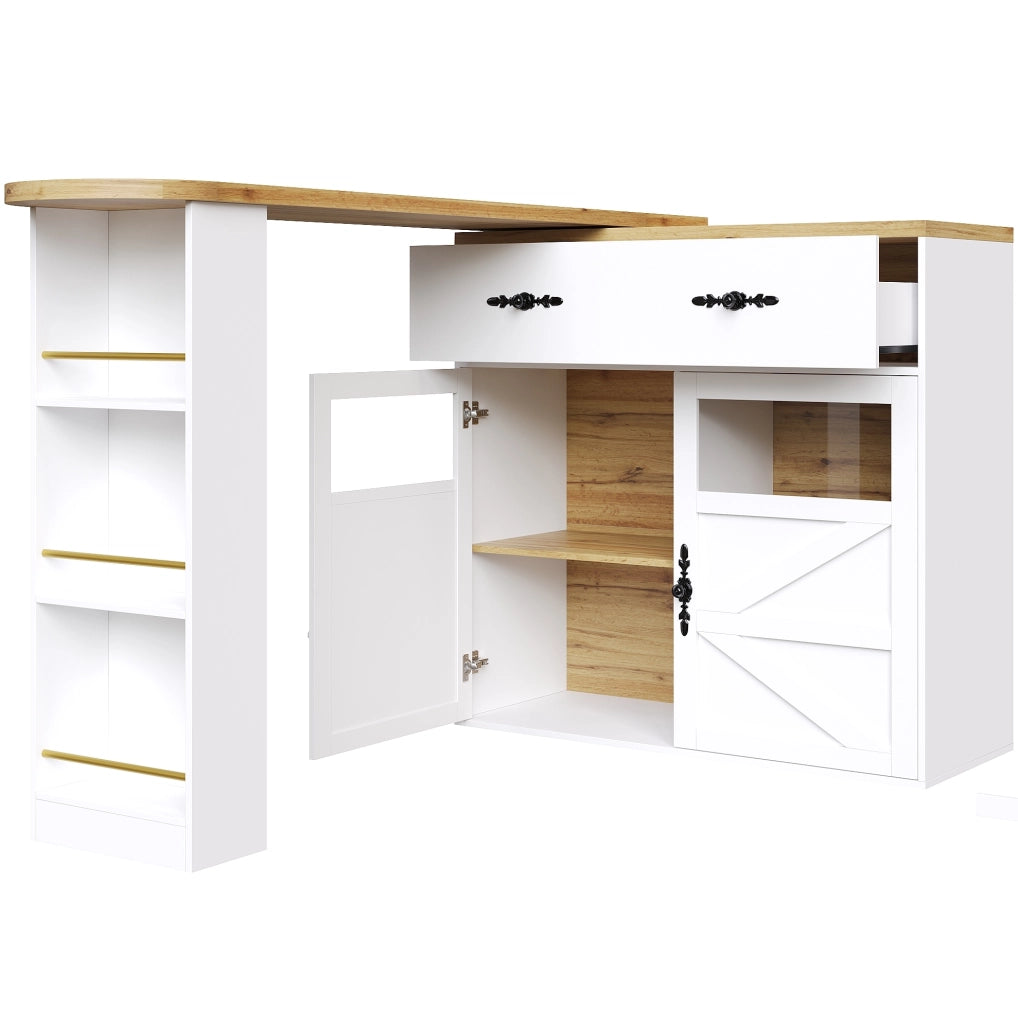 Tavolo bar allungabile girevole 360° con spazio contenitivo, 138-204 x 39 x 104 cm, bianco
