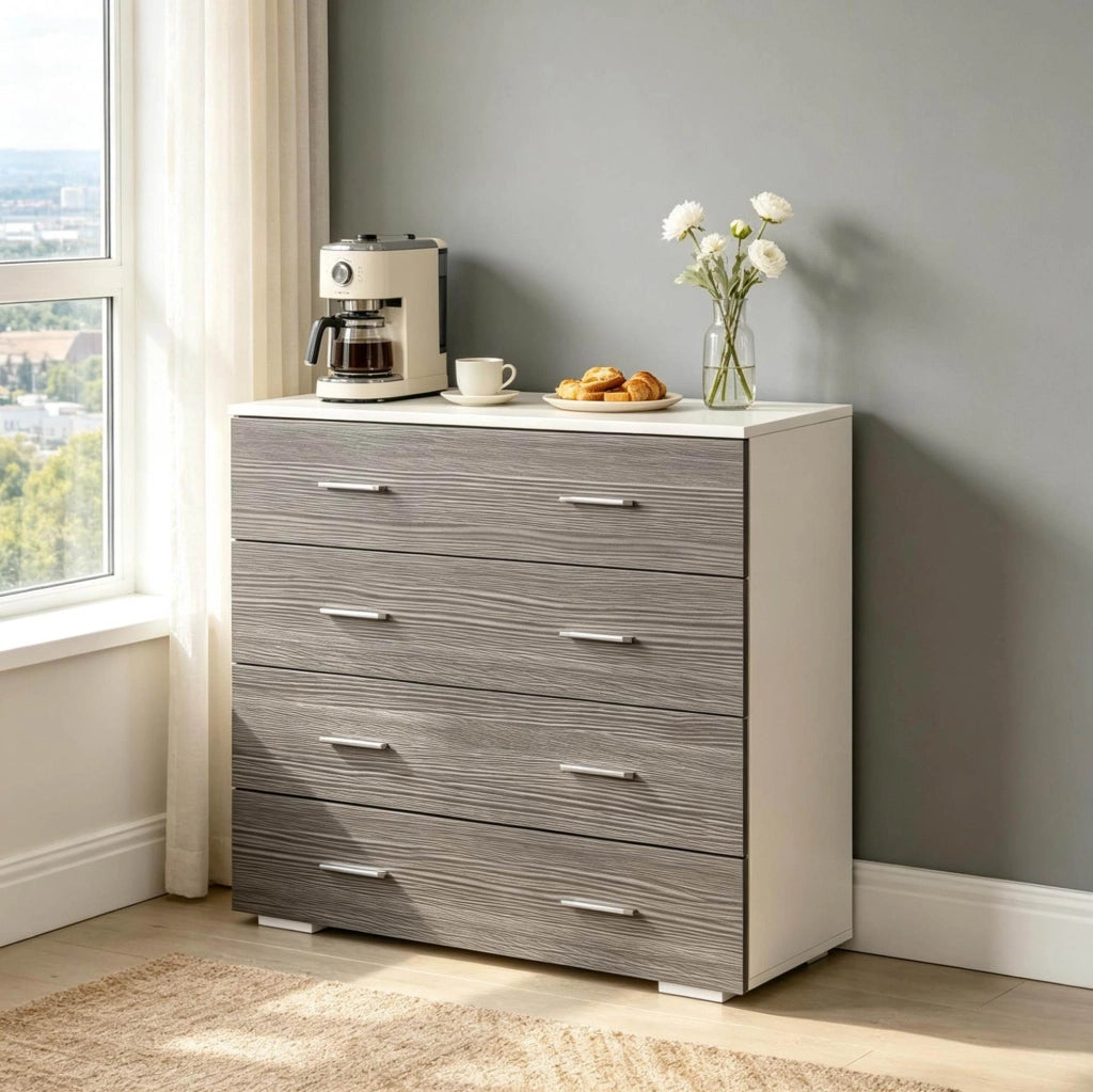 Cassettiera in truciolare bianco e grigio con 4 cassetti