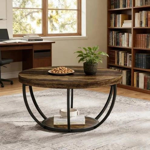 TAVOLINO DA SALOTTO Rotondo a 2 livelli Rustic Metallo e Legno
