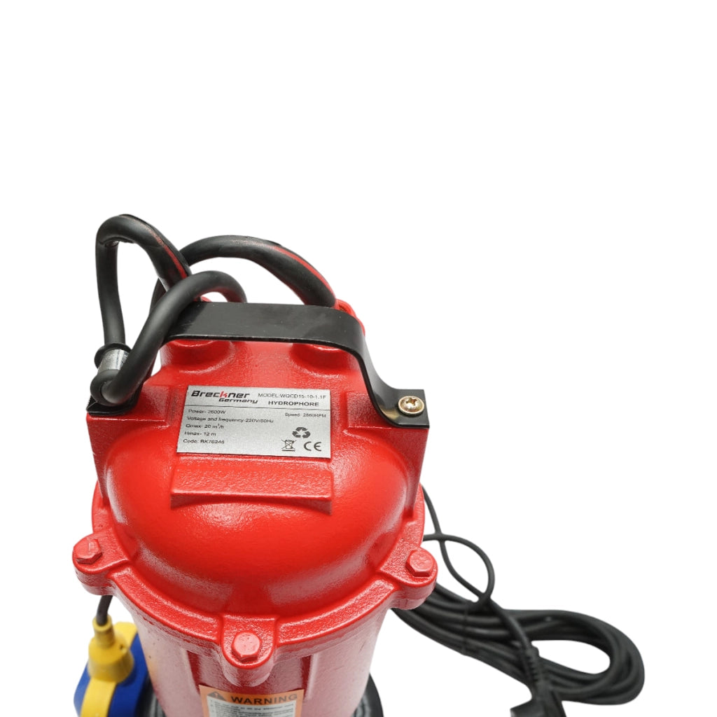 POMPA SOMMERSA PER ACQUE SPORCHE DRENAGGIO CON GALLEGGIANTE E TRITURATORE 2600W, 220V, H12m, 333 L/min, Breckner Germany