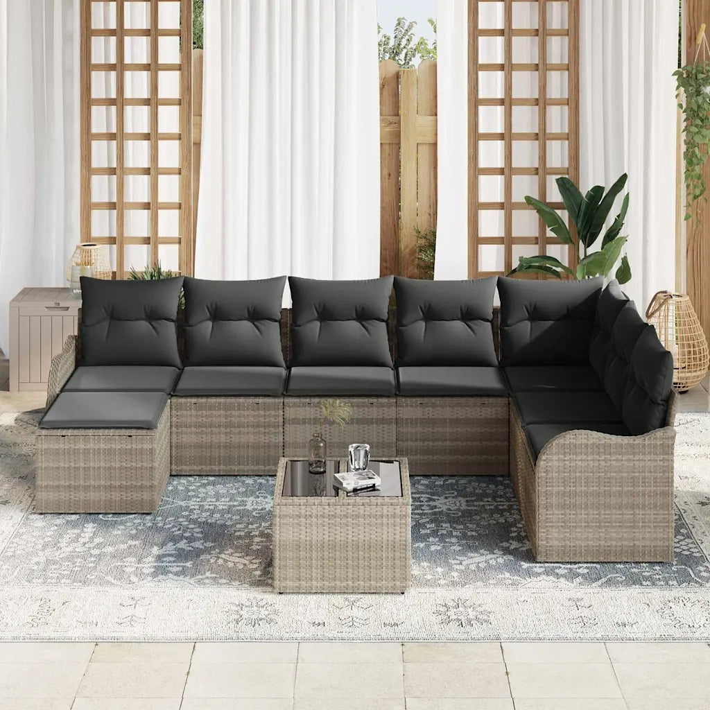 Set Divano da Giardino 9 pcs Grigio chiaro Poly Rattan