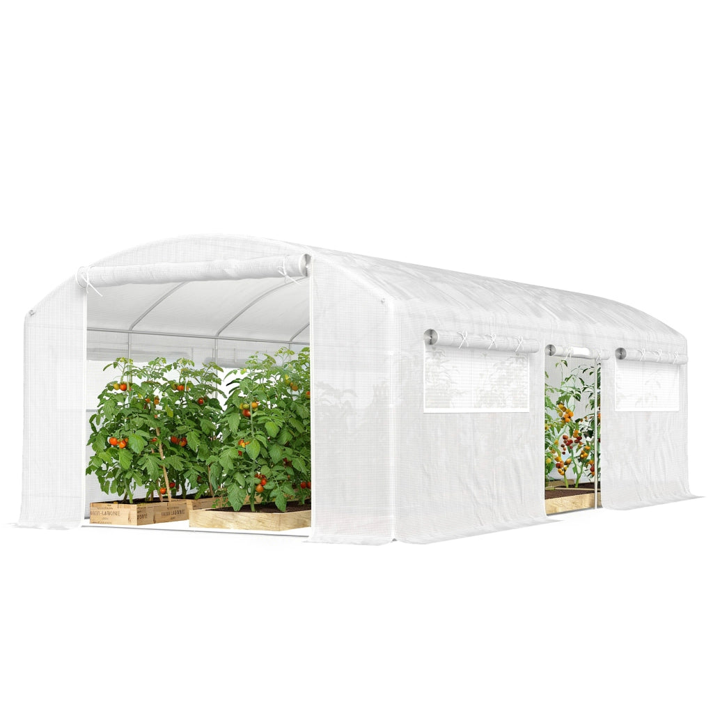 Serra Tunnel 6x3x2 m ¨C Minimal ¨C 3 Porte a Rullo, 6 Finestre a Rete, Struttura in Acciaio Zincato Bianco