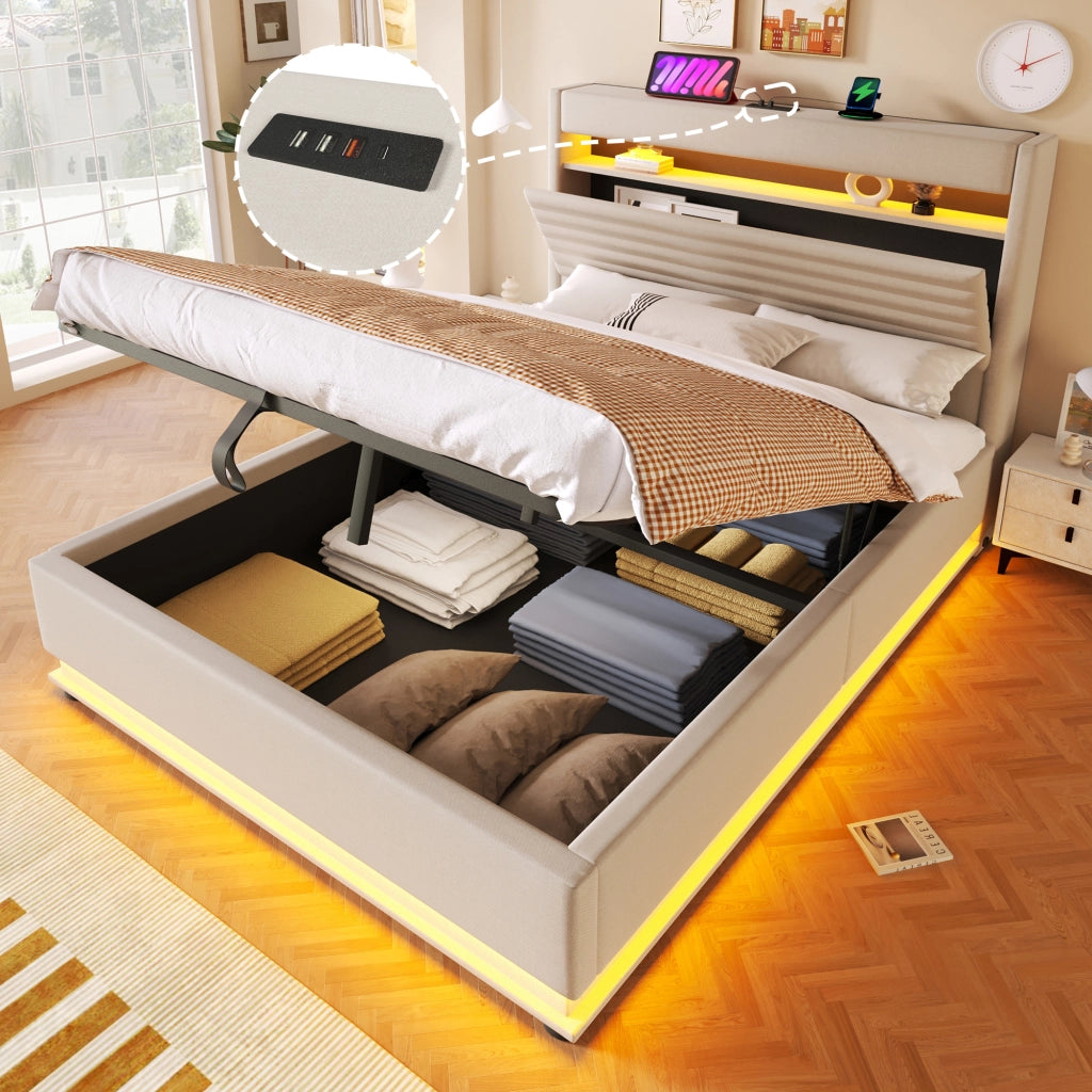 Letto contenitore 140 × 200 cm con LED USB e USB Type-C testiera imbottita in lino beige