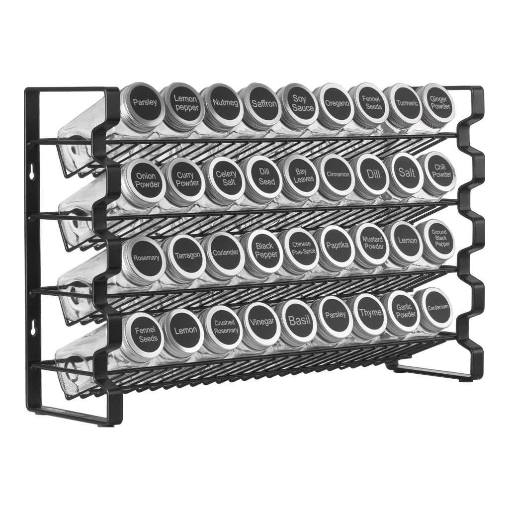 Organizzatore per spezie da armadietto con 36 barattoli vuoti, coperchi, etichette e imbuto, set completo, pratico, salvaspazio, 463x118x282 mm