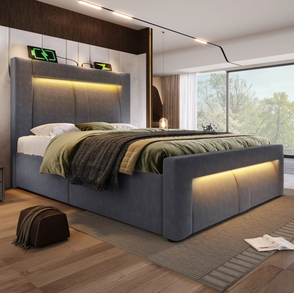 Letto singolo 90x200 cm con contenitore idraulico, LED e ricarica USB-C, grigio