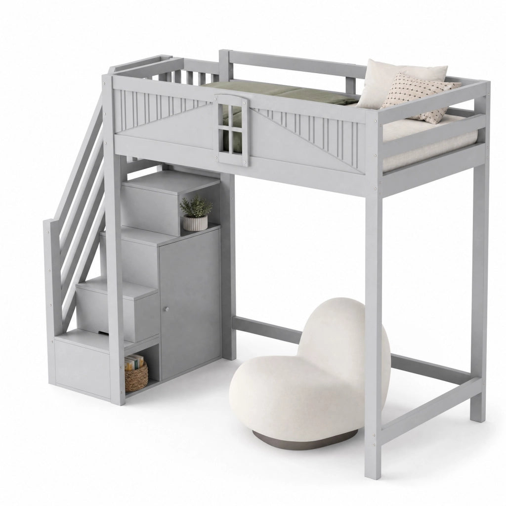 Letto a soppalco 90x200 cm in legno massello grigio