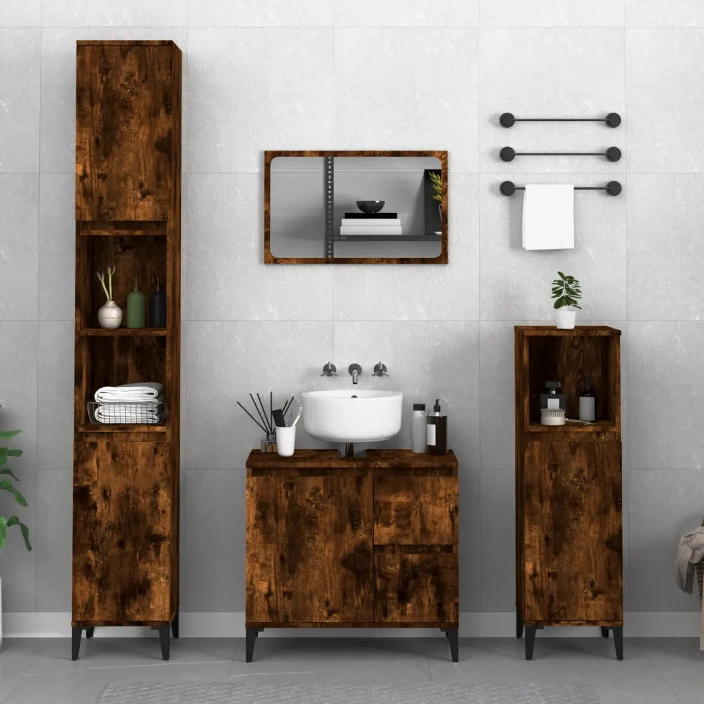 Armadietto Bagno | Armadio da bagno Rovere Fumo 30x30x190 cm in Legno Multistrato