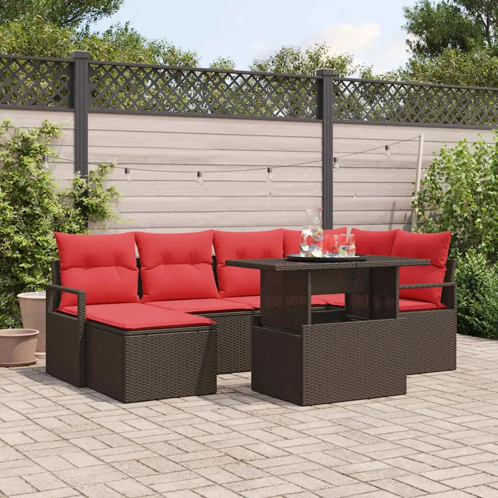 Set Divano da Giardino 7 pcs Marrone e Rosso Poly Rattan 3348860