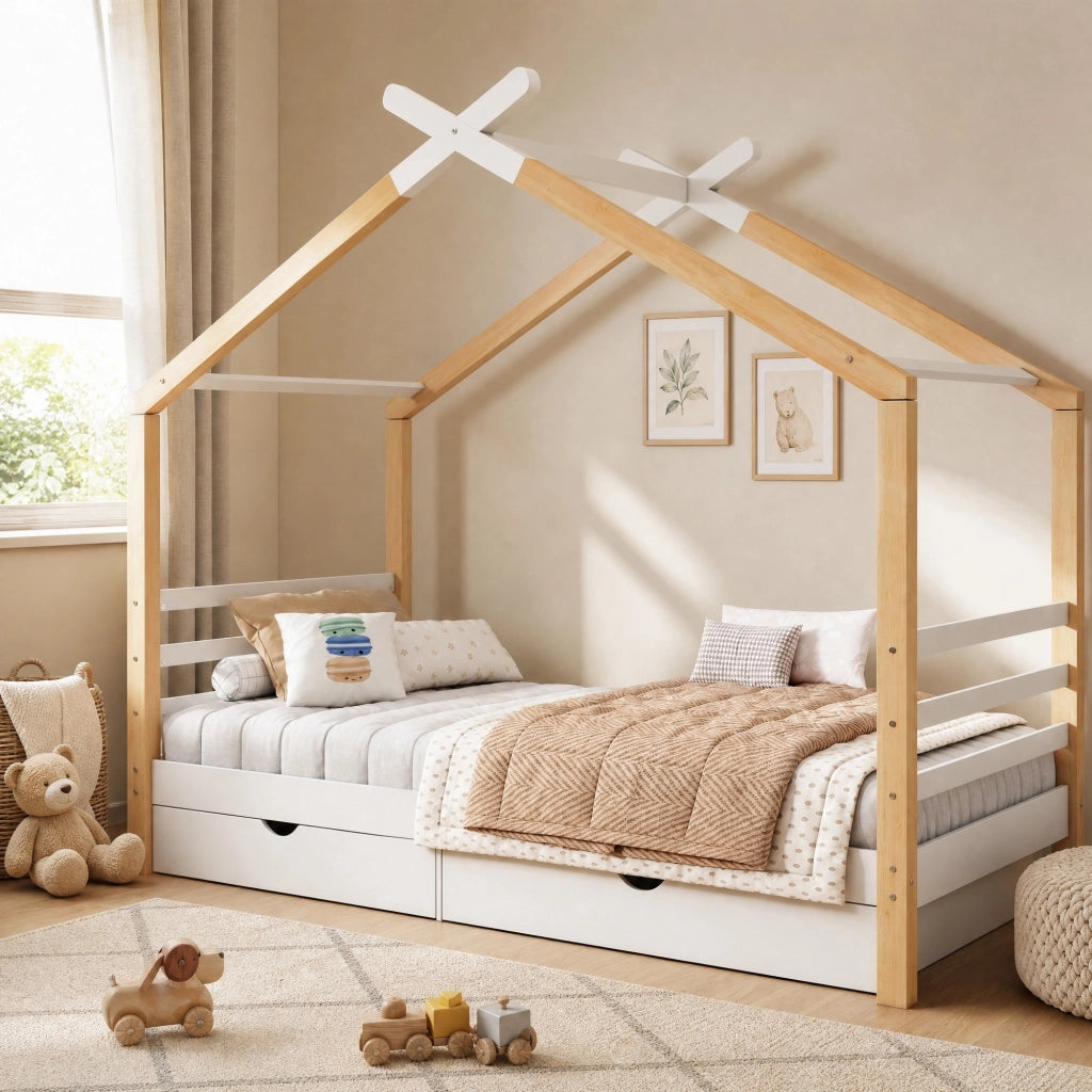 Letto a casetta 90x200 cm con cassetti e rete in pino massello e MDF bianco