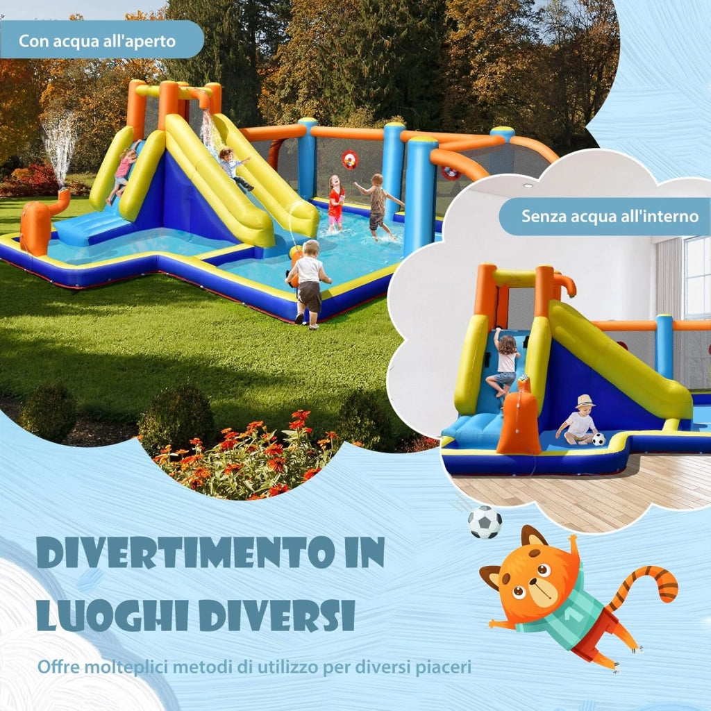Castello Gonfiabile per bambini, Casa Gonfiabile con Scivolo, Piscina, con Borsa di Trasporto, Soffiatore e Kit di Riparazione, per 5 Bambini di 3-12 Anni, 465 x 500 x 200 cm