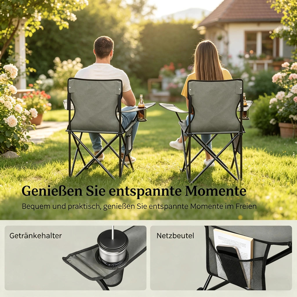 Set di sedie pieghevoli da campeggio a 2 posti in metallo, tessuto oxford e mesh, grigio scuro, con portabevande 47 × 76 × 80,5 cm