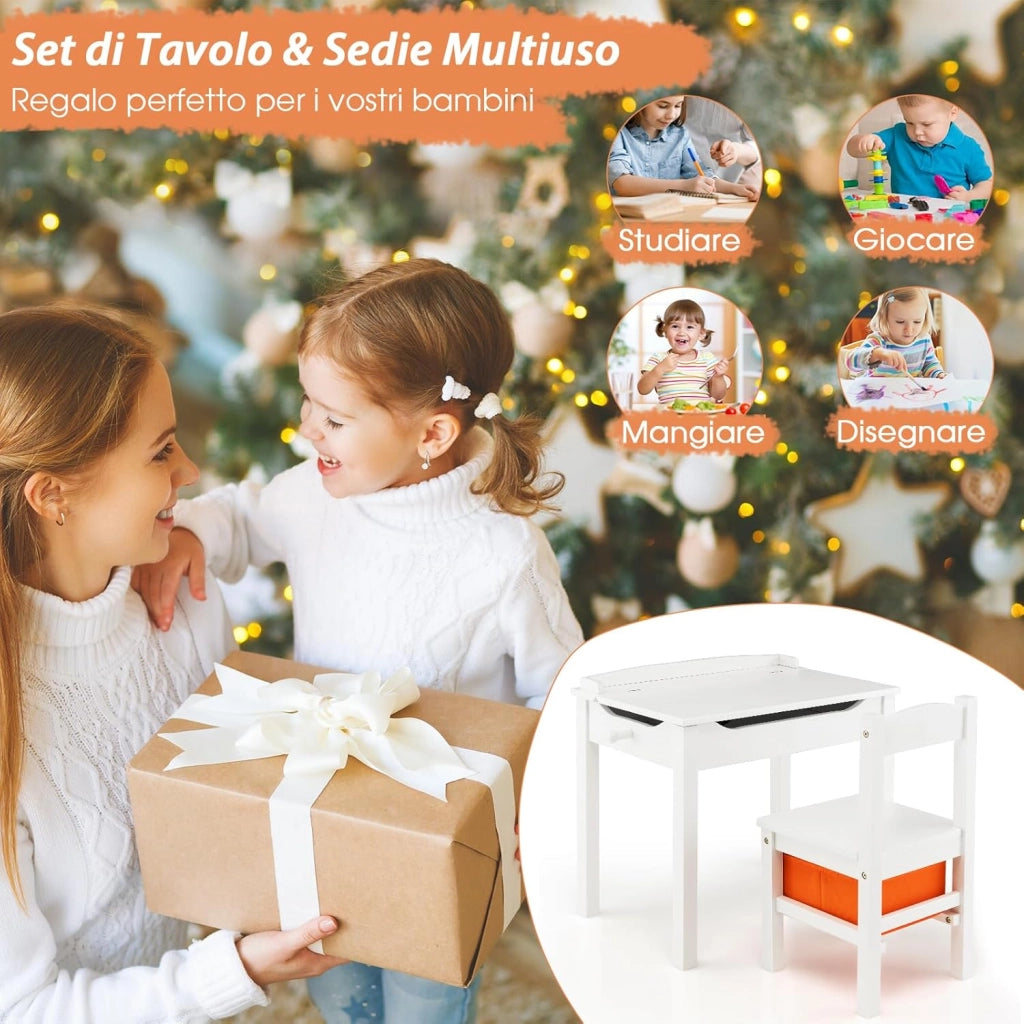 Set Tavolo e Sedia per Bambini, Scrivania Ribaltabile con Sedia per Bambini in Legno, con Cassetto e Gancio Estraibile, Bianco/Naturale (Bianco)