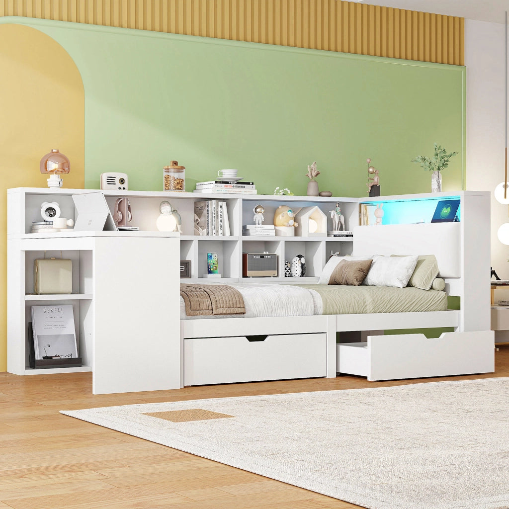 Letto per bambini 90x200 cm a L con scrivania; libreria; cassetti; LED e USB; MDF e compensato bianco