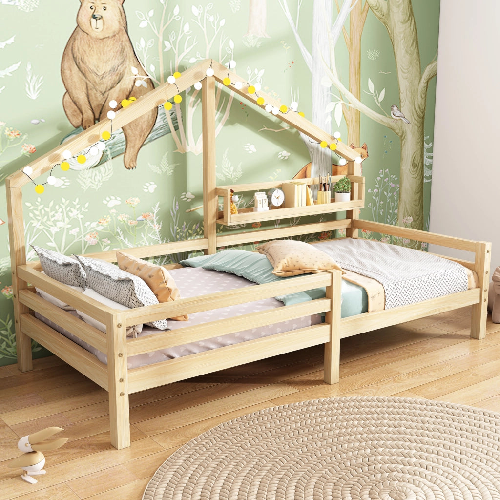 Letto per bambini 90 × 200 cm con barriera; mensola e senza materasso; in pino; stile scandinavo; finitura naturale