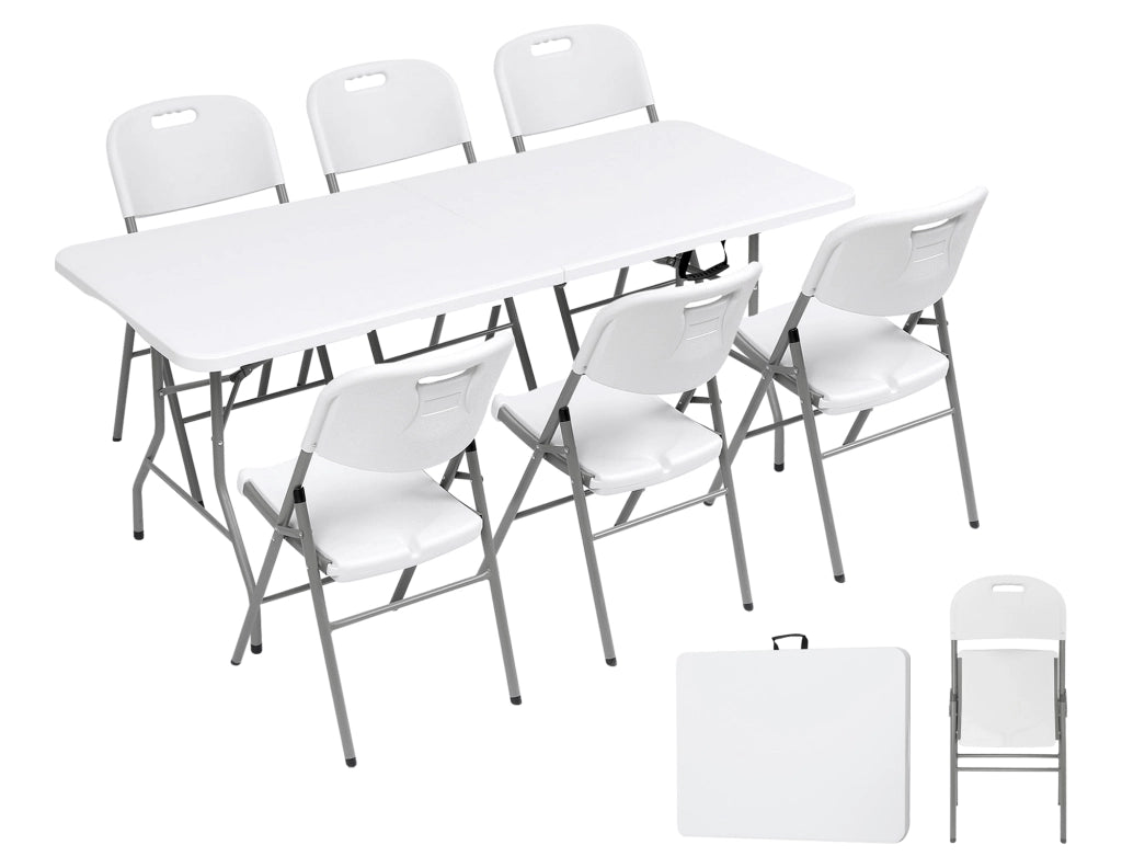 Set Tavolo + 6 Sedie Pieghevoli Da Giardino Terrazzo Struttura Robusta In Acciaio Resistenti Facilmente Trasportabili Colore Bianco Set Birreria Feste Campeggio Estate